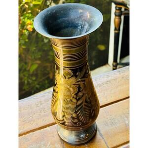 Vintage Brass Vase 7.5” Etched Floral Design – Made in India